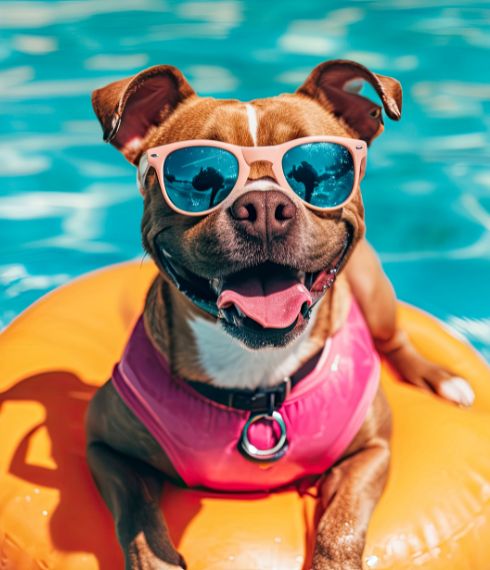 Dog on a rubber ring in a swimming pool